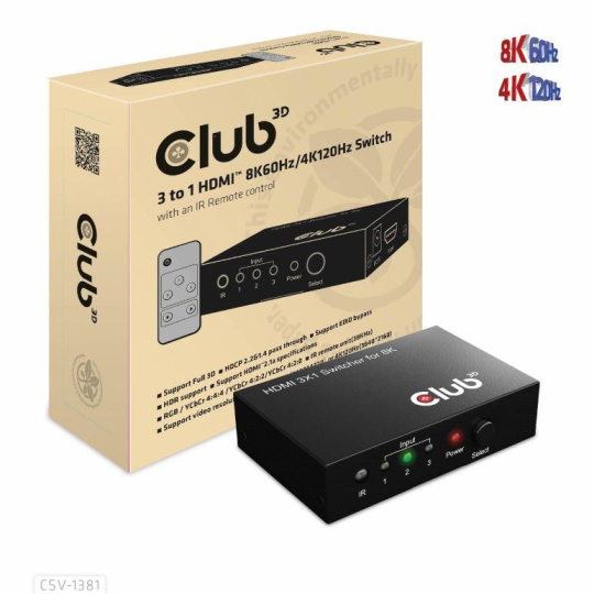 Club3D Switch 1:3 HDMI 8K60Hz/4K120Hz, 3 porty