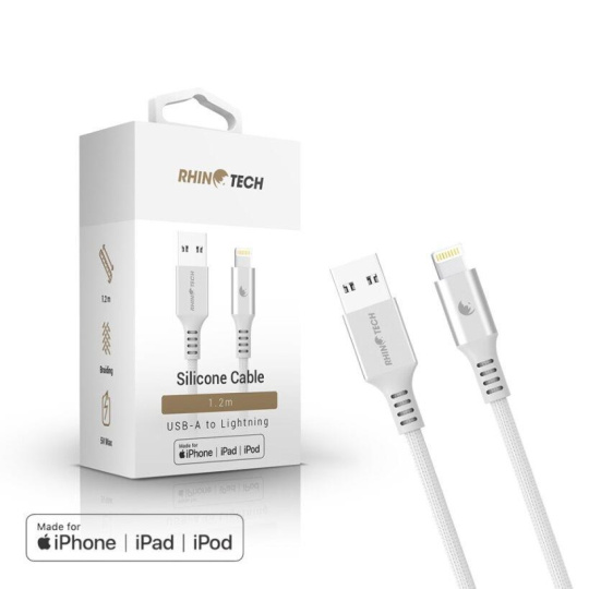 RhinoTech LITE MFi kabel s nylonovým opletem USB-A na Lightning 1.2m stříbrná