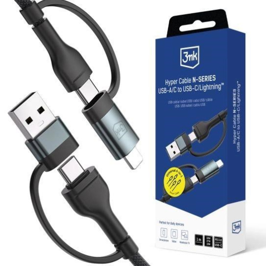 3mk Hyper kabel N-SERIES 2 in 2 A/C - C/Lightning 1.2m 9V/2A 60W černý