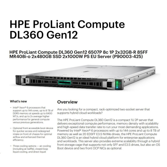 HPE PL DL360g12 6507P (3.5/8C) 2x32G (P69727) 2x480G MR408i-o 8SFF 2x1000W 2p10G-T NBD333 Smart Choice