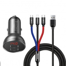 Baseus Digital Display set duálního adaptéru do automobilu 2* USB-A a opleteného kabelu 3v1 4,8A, černá Baseus Digital Display set duálního adaptéru do automobilu 2* USB-A a opleteného kabelu 3v1 4,8A, černá