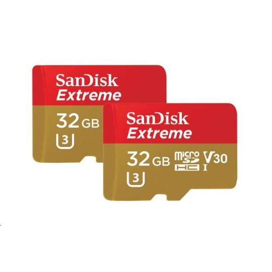 SanDisk MicroSDHC karta 32GB Extreme (100MB/s, A1 C10 V30 UHS-I U3, pro akční kamery) + adaptér, Twin Pack