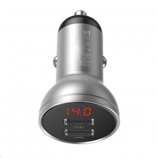 Baseus duální USB adaptér do automobilu s displejem 4,8A 24W, stříbrná Baseus duální USB adaptér do automobilu s displejem 4,8A 24W, stříbrná