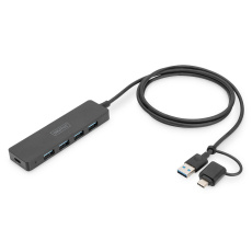 DIGITUS USB 3.0, Hub 4-Port, Slim Line with 120cm cable with USB-C adapterr