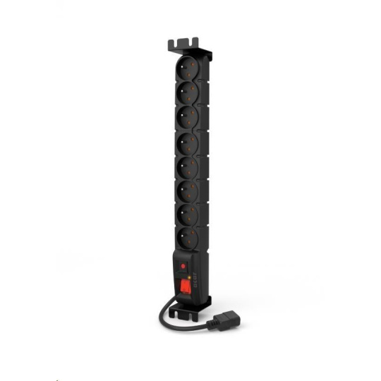 19" rozvodný panel ACAR 8x230V s IEC konektorem pro UPS, vypínač, indikátor napětí, přepěťová ochrana, kabel 5m