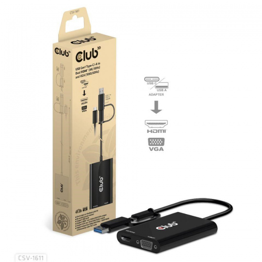 Club3D adaptér USB Gen1 Type-C/-A to Dual HDMI (4K/30Hz) / VGA (1080/60Hz)