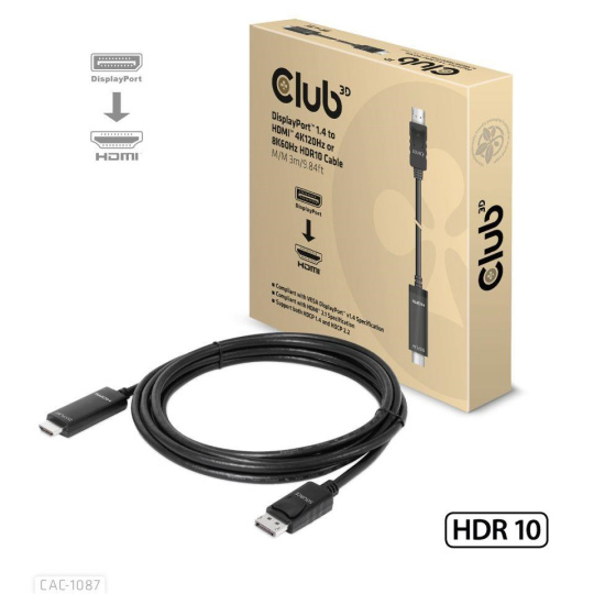 Club3D kabel DP 1.4 na HDMI, 4K120Hz nebo 8K60Hz HDR10, M/M, 3m